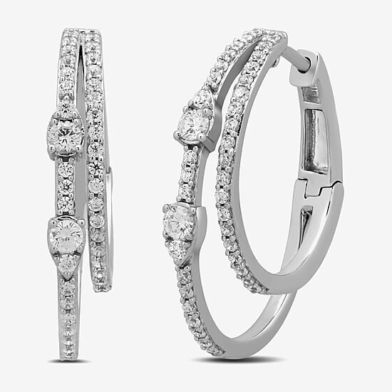 Womens 1 CT. T.W. Lab Grown White Diamond Sterling Silver 25.7mm Hoop Earrings