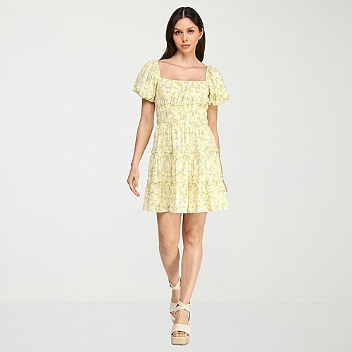 Trixxi Womens Juniors Square Neck Short Sleeve Puffed Floral Fit + Flare Dress In Yellow