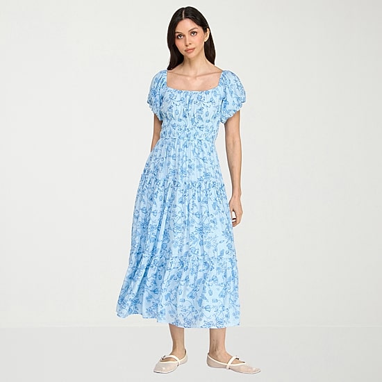 Trixxi Womens Juniors Midi Square Neck Short Sleeve Floral A-Line Dress