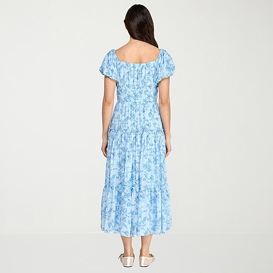 Trixxi Womens Juniors Midi Square Neck Short Sleeve Floral A-Line Dress