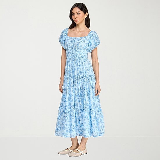 Trixxi Womens Juniors Midi Square Neck Short Sleeve Floral A-Line Dress