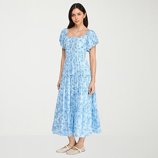 Trixxi Womens Juniors Midi Square Neck Short Sleeve Floral A-Line Dress