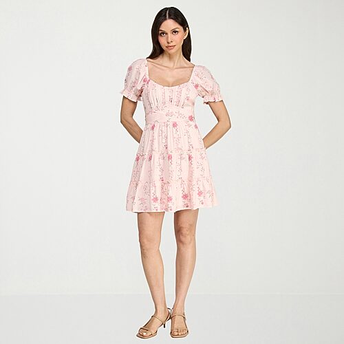 Trixxi Womens Juniors Square Neck Short Sleeve Puffed Floral Fit + Flare Dress In Pink