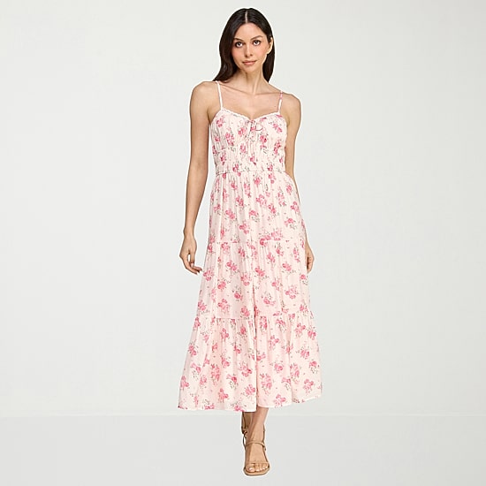 Trixxi Womens Juniors Midi Sweetheart Neck Sleeveless Floral A-Line Dress