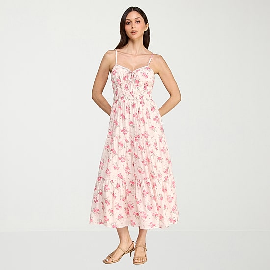 Trixxi Womens Juniors Midi Sweetheart Neck Sleeveless Floral A-Line Dress