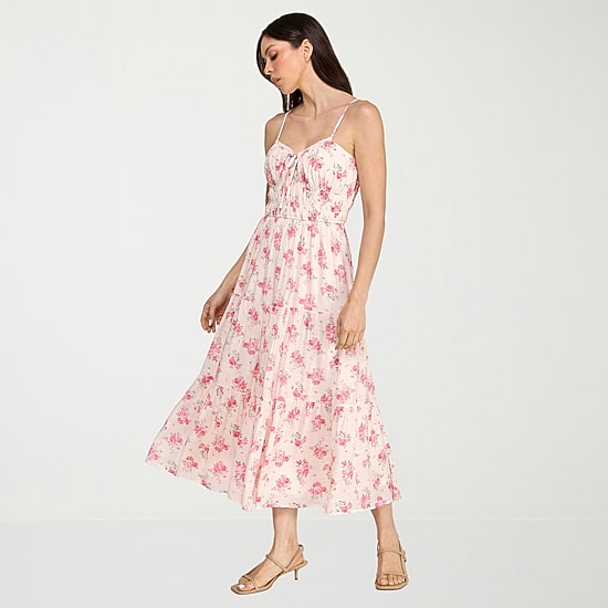 Trixxi Womens Juniors Midi Sweetheart Neck Sleeveless Floral A-Line Dress