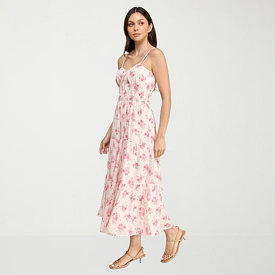 Trixxi Womens Juniors Midi Sweetheart Neck Sleeveless Floral A-Line Dress