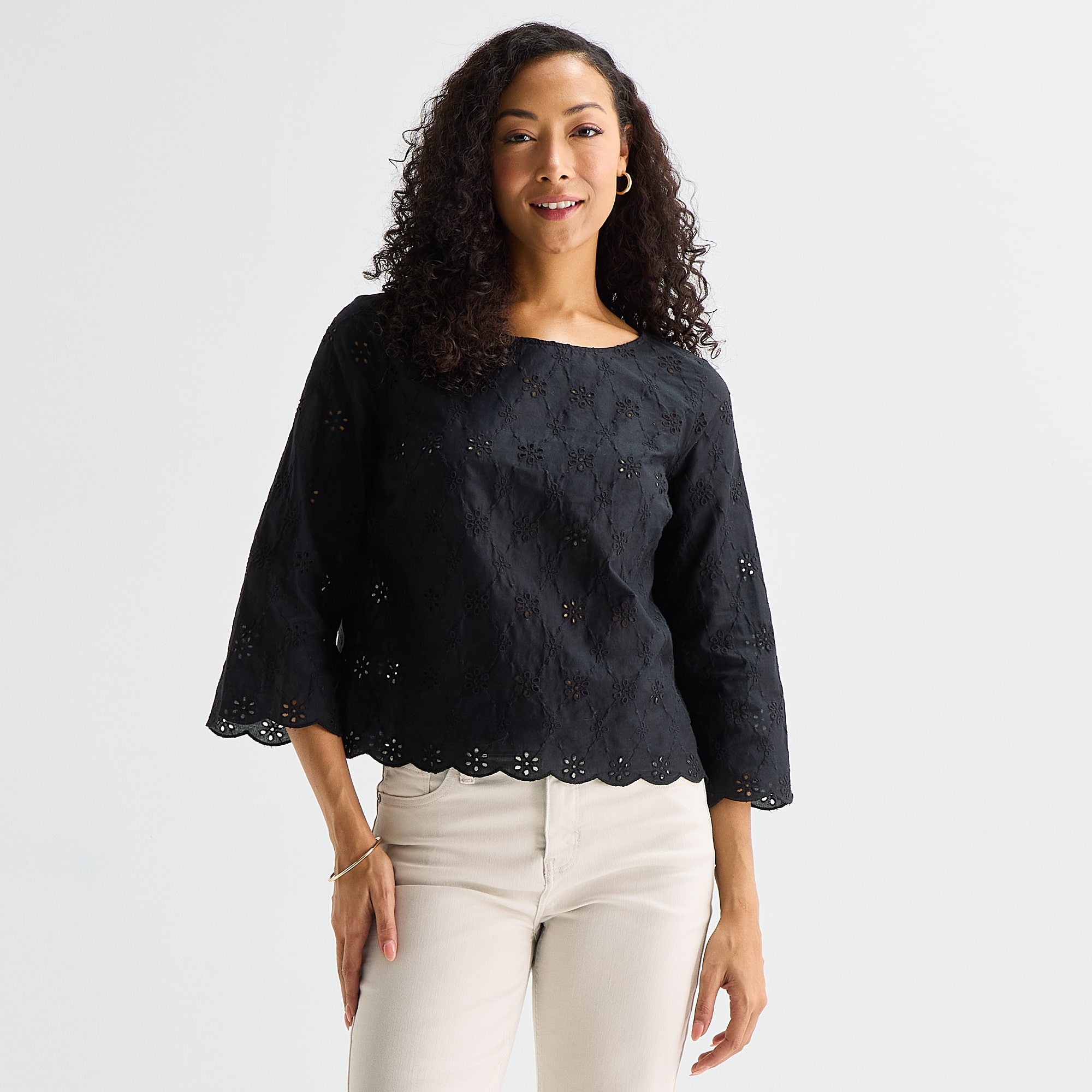 Liz Claiborne Womens Round Neck 3/4 Sleeve Blouse