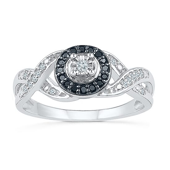 Promise My Love Womens 1/6 CT. T.W. Natural Black Diamond Sterling Silver Round Side Stone Halo Promise Ring
