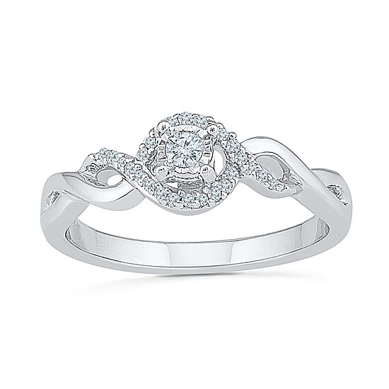 Womens 1/8 CT. T.W. Natural White Diamond Sterling Silver Round Side Stone Halo Promise Ring