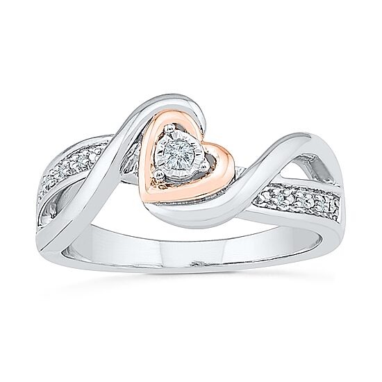 Promise My Love Womens Diamond Accent Natural White Diamond 10K Gold Over Silver Heart Promise Ring