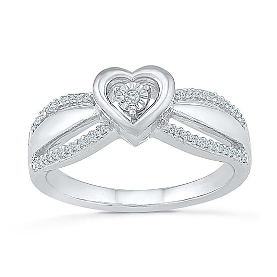 Womens 1/10 CT. T.W. Natural White Diamond Sterling Silver Heart Side Stone Promise Ring