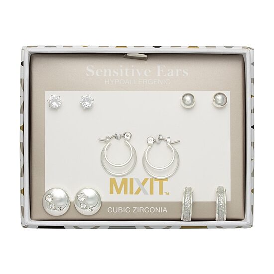 Mixit Womens Cubic Zirconia Round Hypoallergenic 5 Pair Earring Set
