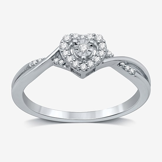 Promise My Love Sterling Silver Womens 1/10 CT. T.W. Natural White Diamond Sterling Silver Heart Side Stone Halo Promise Ring