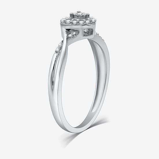 Promise My Love Sterling Silver Womens 1/10 CT. T.W. Natural White Diamond Sterling Silver Heart Side Stone Halo Promise Ring