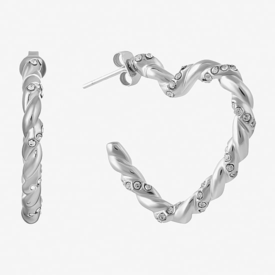 Silver Reflections Twisted Womens Crystal 26.6mm Heart Hoop Earrings