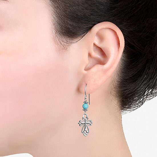 Sparkle Allure Womens Turquoise Howlite Pure Silver Over Brass Cross Drop Earrings