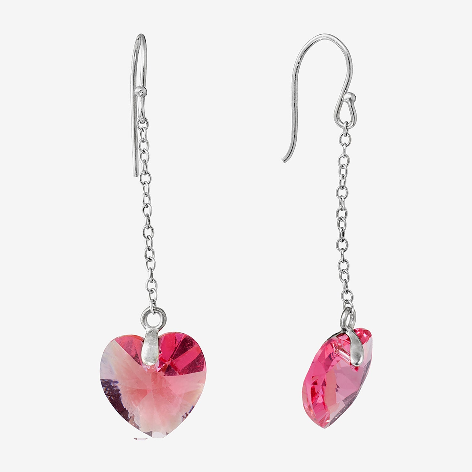 Silver Treasures Womens Pink Crystal Sterling Silver Heart Drop Earrings