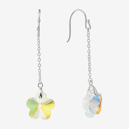 Silver Treasures Womens Pink Crystal Sterling Silver Flower Drop Earrings