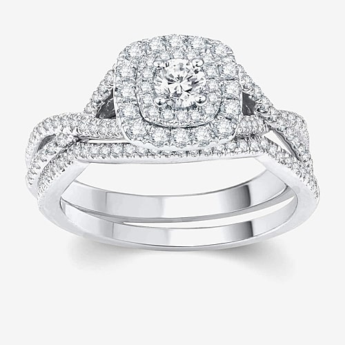 Signature By Modern Bride Womens 3/4 CT. T.W. Natural White Diamond 10K Gold Cushion Bridal Set, 6, White