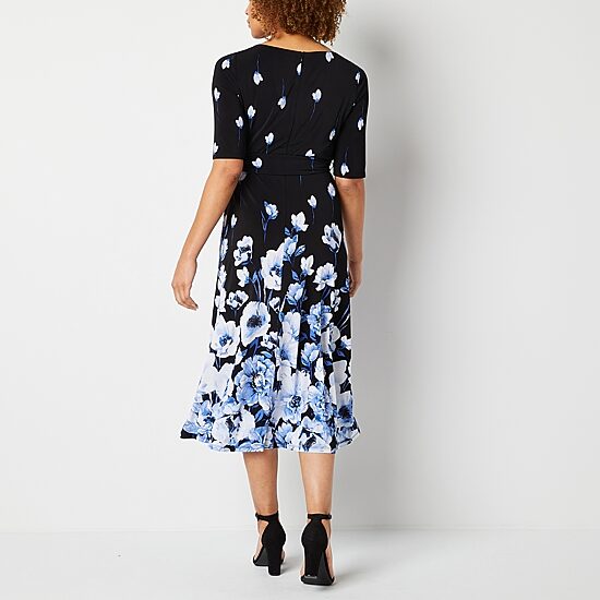 Black Label by Evan-Picone Womens Midi Crew Neck Short Sleeve Fitted Floral Fit + Flare Dress