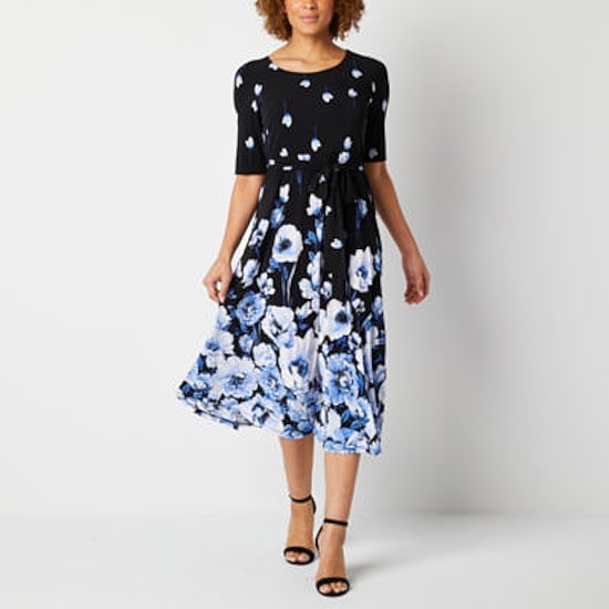 Black Label by Evan-Picone Womens Midi Crew Neck Short Sleeve Fitted Floral Fit + Flare Dress