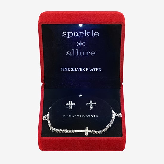 Sparkle Allure Light Up Box Womens Cubic Zirconia Pure Silver Over Brass Cross 2-pc. Jewelry Set