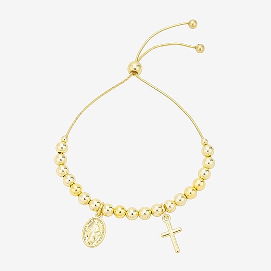 Footnotes Faith Virgin Mary Womens Cubic Zirconia 14K Gold Over Brass Cross Bolo Bracelet