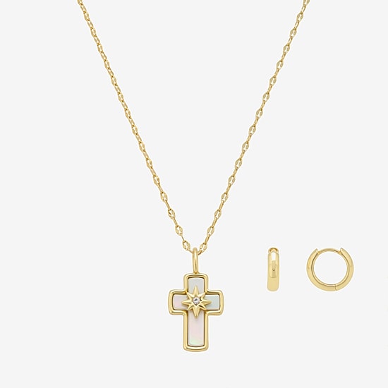 Footnotes Faith Womens Cubic Zirconia 14K Gold Over Brass Cross 2-pc. Jewelry Set