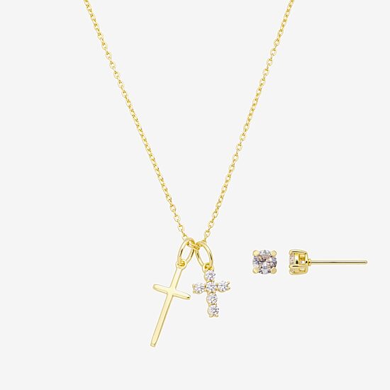 Footnotes Faith Womens Cubic Zirconia 14K Gold Over Brass Cross 2-pc. Jewelry Set