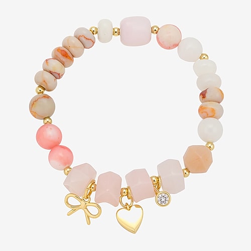 Footnotes Womens Pink Agate 14K Gold Over Brass Bow Heart Beaded Bracelet, One Size, Yellow