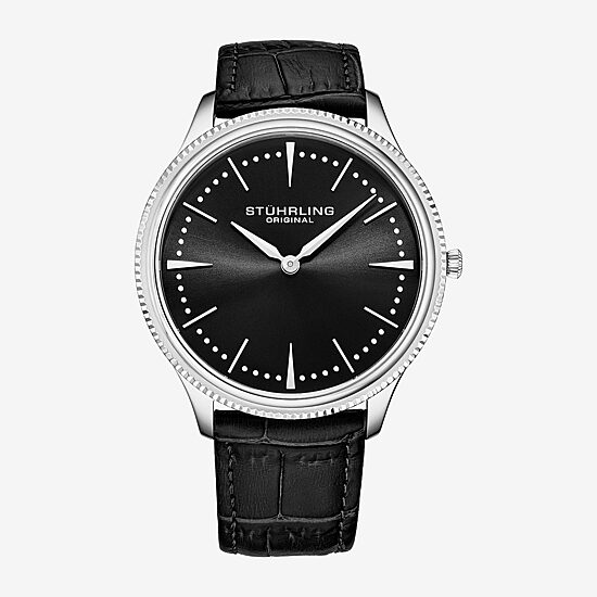 Stuhrling Mens Black Leather Strap Watch 3984.3
