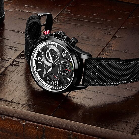 Stuhrling Mens Black Leather Strap Watch 4029.5