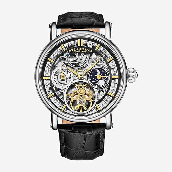 Stuhrling Mens Automatic Black Leather Strap Watch 4000.2