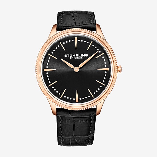 Stuhrling Mens Black Leather Strap Watch 3984.4