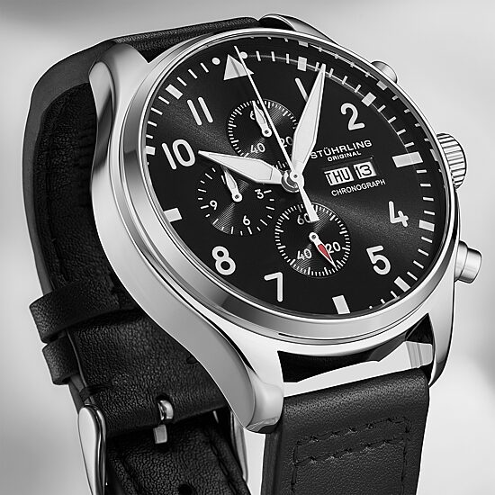 Stuhrling Mens Black Leather Strap Watch 4075.1
