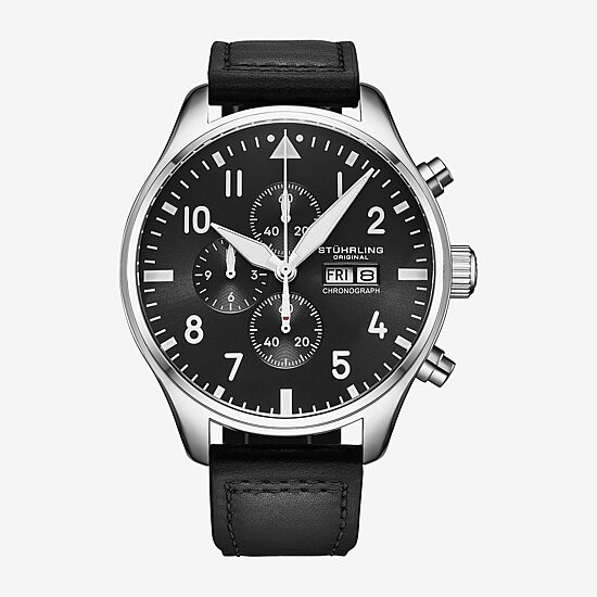 Stuhrling Mens Black Leather Strap Watch 4075.1