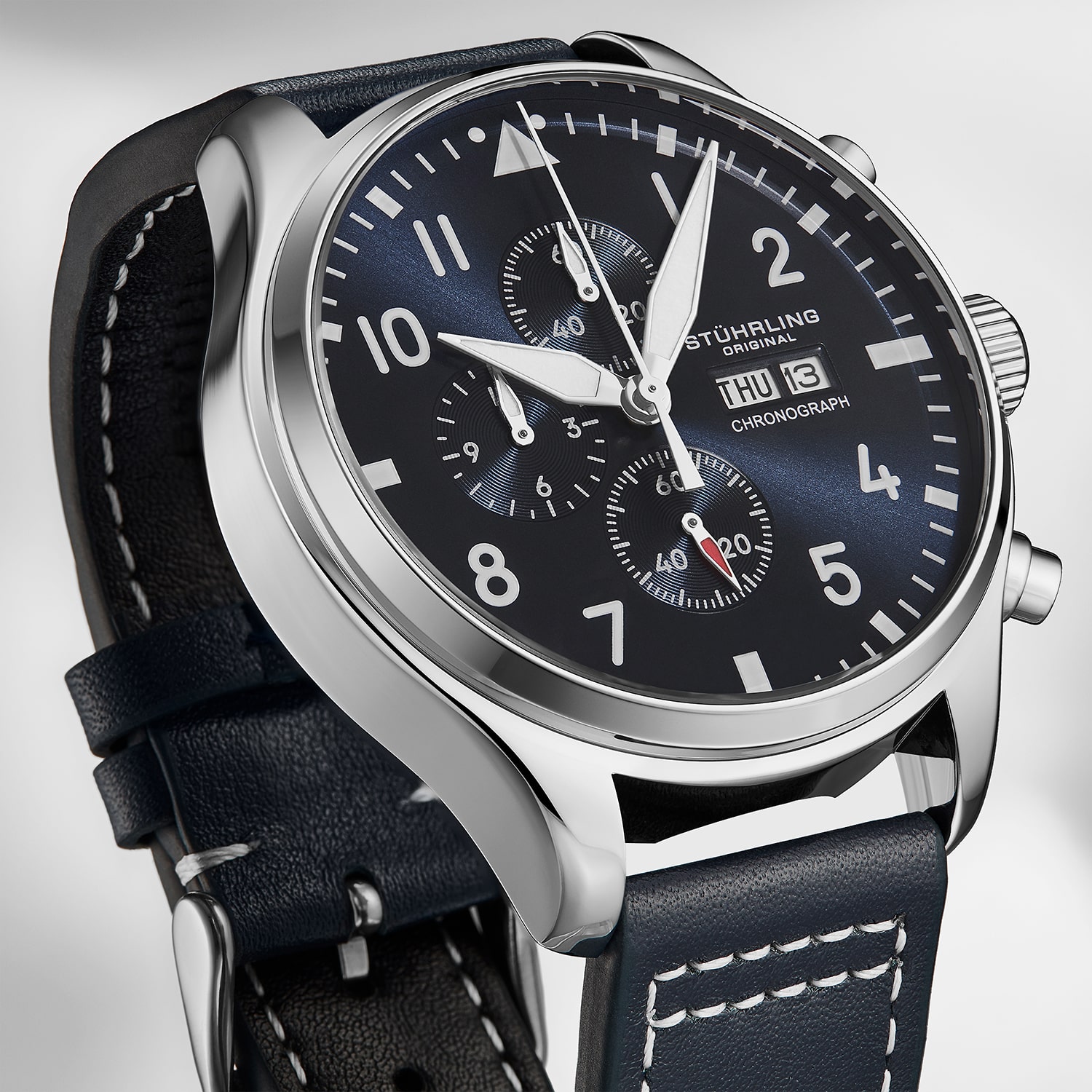 Stuhrling Mens Black Leather Strap Watch 4075.2