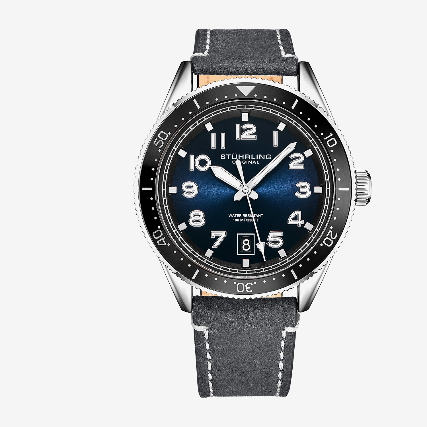 Stuhrling Mens Gray Leather Strap Watch 3989.6