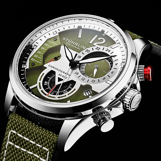 Stuhrling Mens Green Leather Strap Watch 4029.3