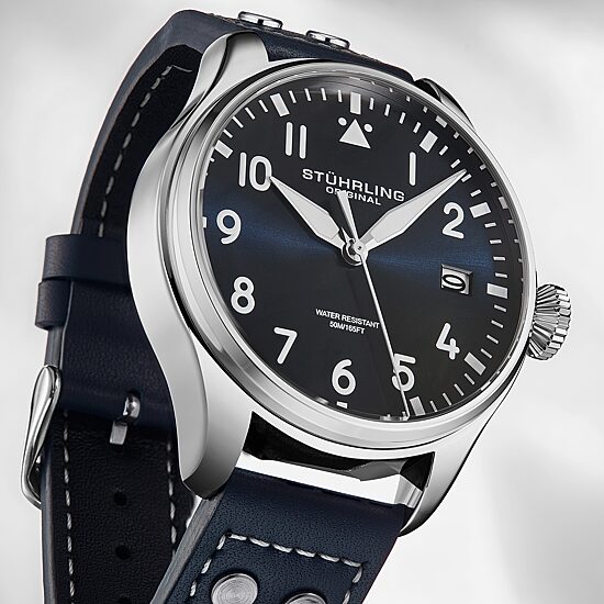 Stuhrling Mens Blue Leather Strap Watch 4078.2