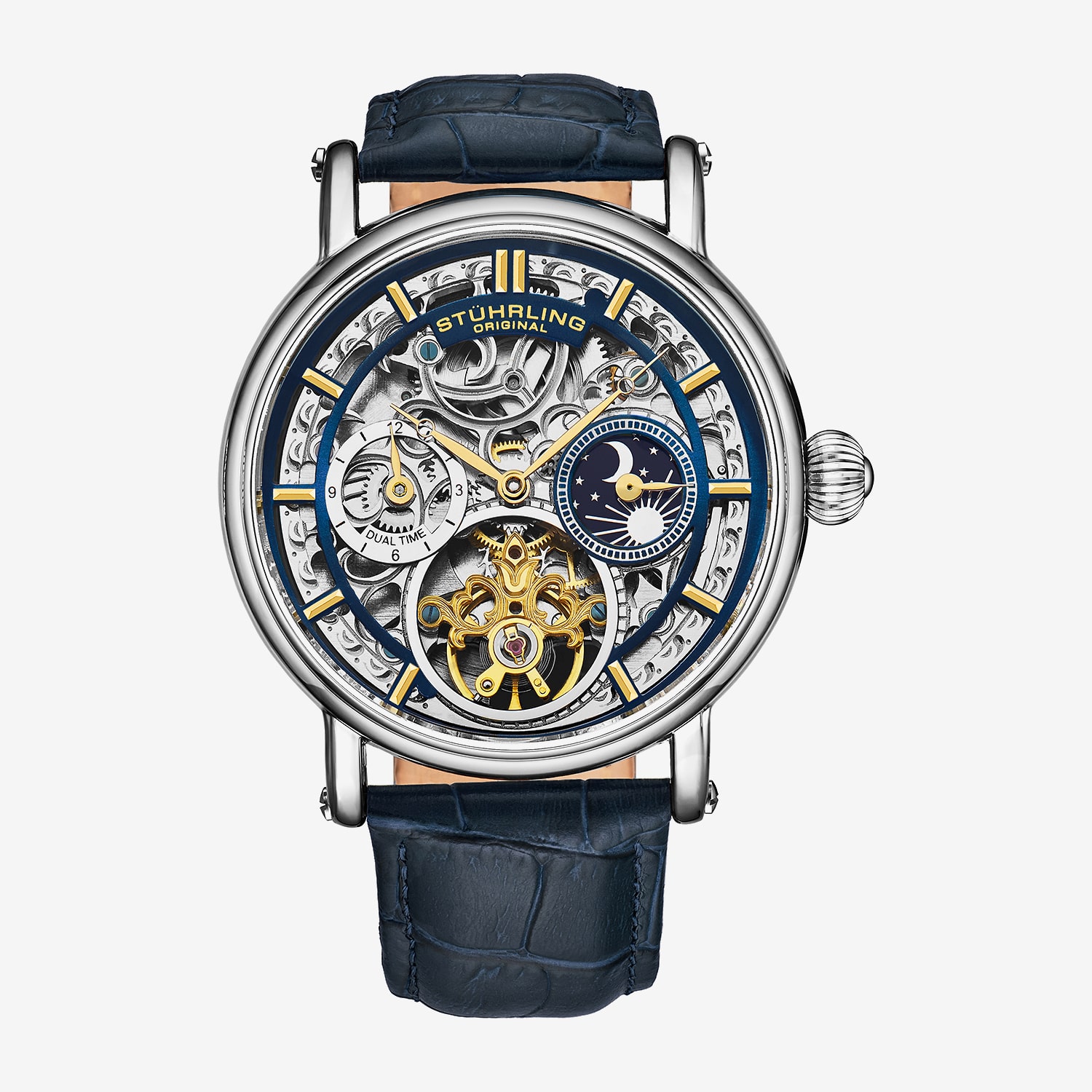 Stuhrling Mens Automatic Blue Leather Strap Watch 4000.3