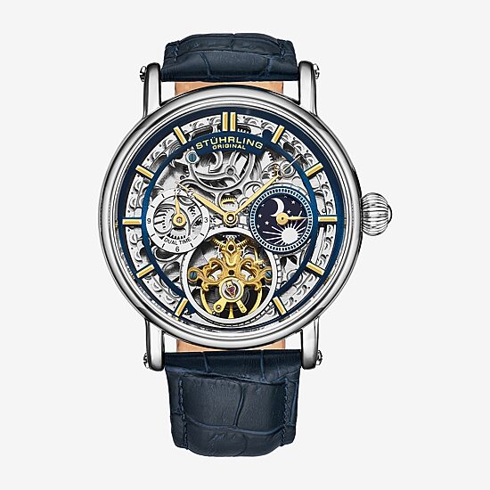Stuhrling Mens Automatic Blue Leather Strap Watch 4000.3