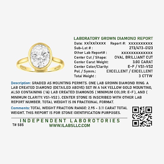 Bridal Addiction E-F / Vs1-Vs2 Womens 3 CT. T.W. Lab Grown White Diamond 14K Gold Oval Solitaire Engagement Ring