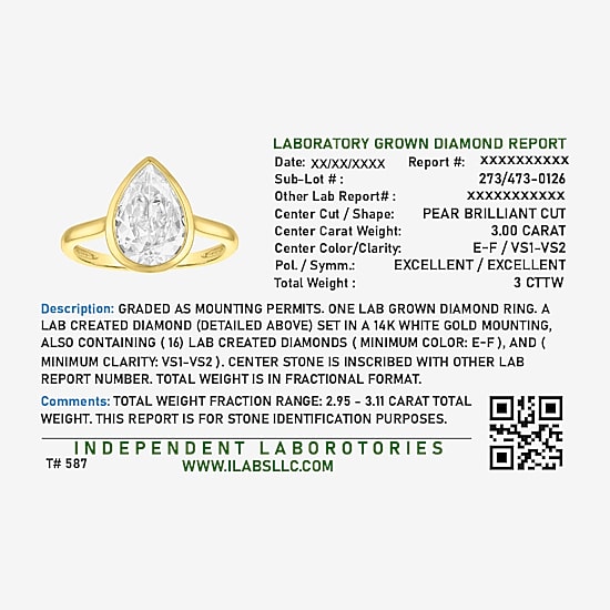 Bridal Addiction (E-F / Vs1-Vs2) Womens 3 CT. T.W. Lab Grown White Diamond 14K Gold Pear Solitaire Engagement Ring