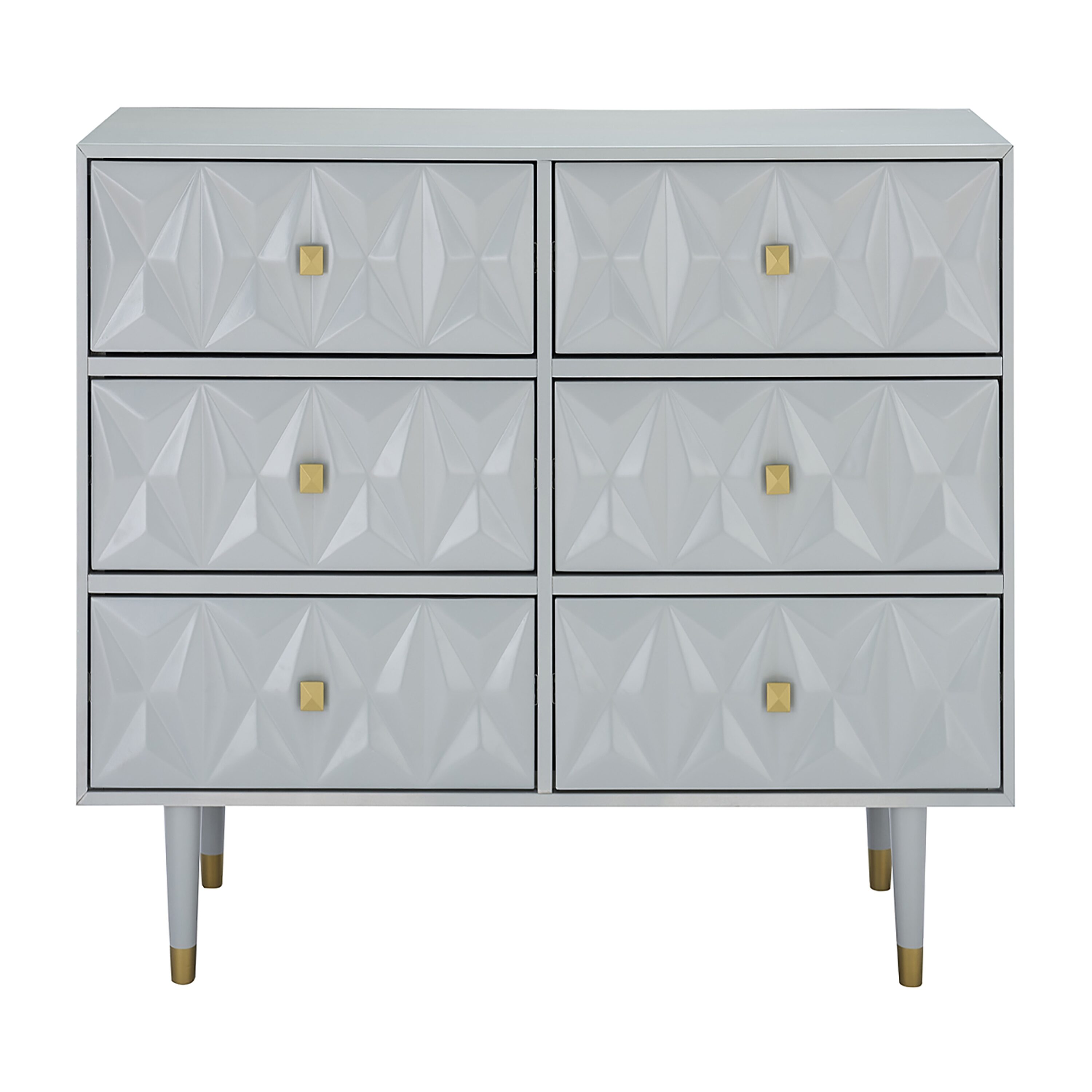 Light gray 6-drawer dresser with diamond pattern on a plain background.