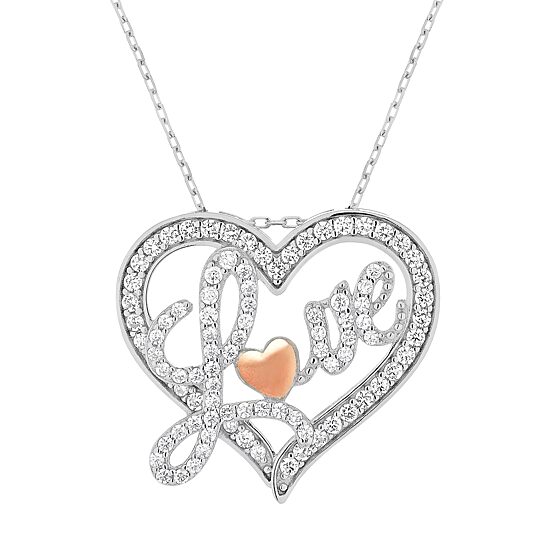 Diamonart "Love" Womens White Cubic Zirconia Sterling Silver Heart 16 Inch Pendant Necklace