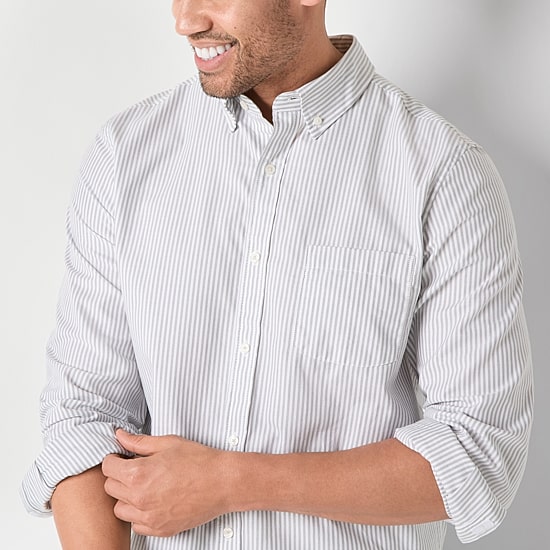 St. John's Bay Performance Oxford Mens Easy-on + Easy-off Seated Wear Long Sleeve Classic Fit Button-Down Shirt