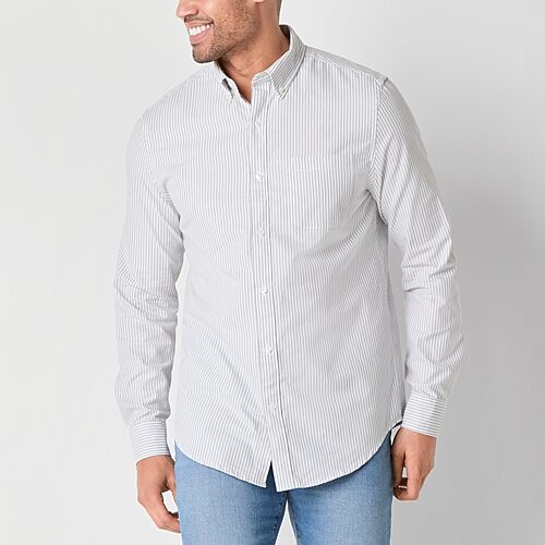 St. John's Bay Performance Oxford Dexterity Mens Easy-on + Easy-off Long Sleeve Classic Fit Button-Down Shirt, Large, Gray