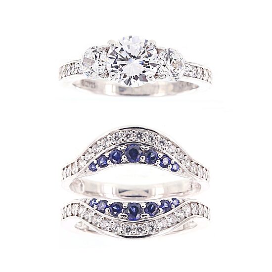 Diamonart® Cubic Zirconia and Lab-Created Blue Sapphire Sterling Silver Engagement Ring and Enhancer